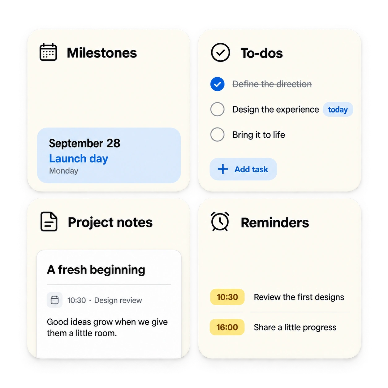 Project planning concept: milestone calendar, launch to-dos, project notes, and reminders